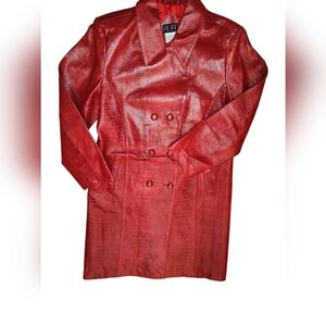 Vintage R2R Red Reptile Embossed 100% Leather Lined Trench Coat Size Large